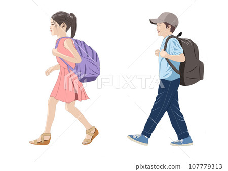 Illustration of a boy and girl carrying a backpack 107779313