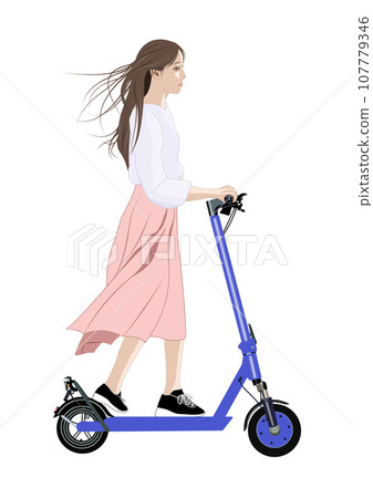 Illustration of a woman riding an electric scooter Illustration of a woman riding an electric scooter 107779346