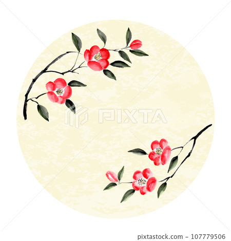 Camellia ink painting on Japanese paper background, ink painting, sumi-e, vector illustration Camellia ink painting on Japanese paper background, ink painting, sumi-e, vector illustration 107779506