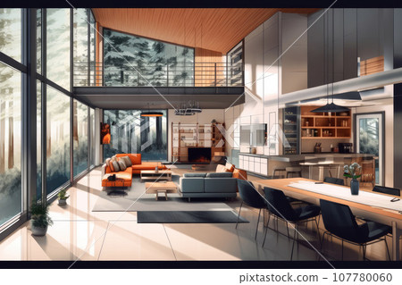 Modern house interior background with living room 107780060