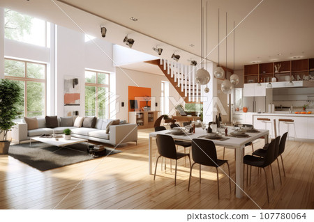 Modern house interior background with living room 107780064