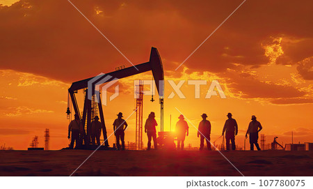 Oil field, the oil workers are working 107780075