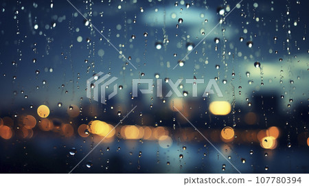 窗玻璃上的雨滴和城市景觀“AI生成圖像” 107780394
