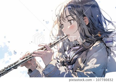 銅管樂隊中的女高中生吹笛子的插圖“AI 生成圖像” 銅管樂隊中的女高中生吹笛子的插圖“AI 生成圖像” 107780832