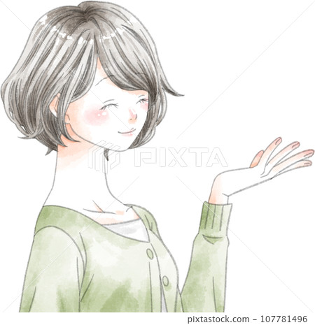 A woman guiding with a smile. 107781496