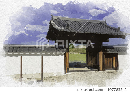 Watercolor painting style Ako Castle Ninomaru Garden Oishi Yorimosuke mansion gate Ako City, Hyogo Prefecture Watercolor painting style Ako Castle Ninomaru Garden Oishi Yorimosuke mansion gate Ako City, Hyogo Prefecture 107783241