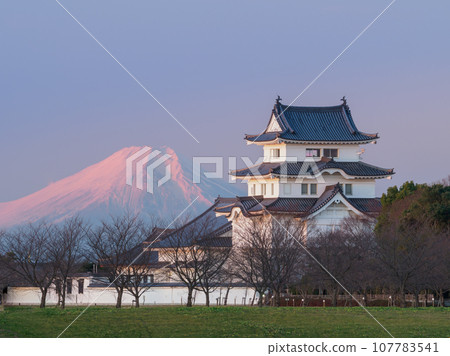 黎明時分，富士山和復原的關宿城天守閣的壯麗景色 107783541