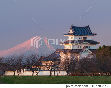黎明時分，富士山和復原的關宿城天守閣的壯麗景色 107783542