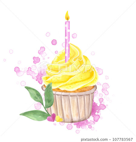Watercolor cupcake with yellow whipped cream. Decorated pink candle, green leaves. Hand drawn illustration isolated on white background. Happy birthday cards. Food clipart 107783567