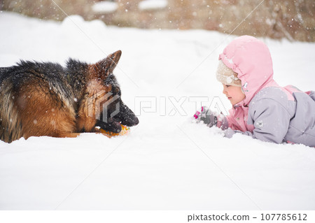 A girl plays with a dog in a snowstorm. 107785612