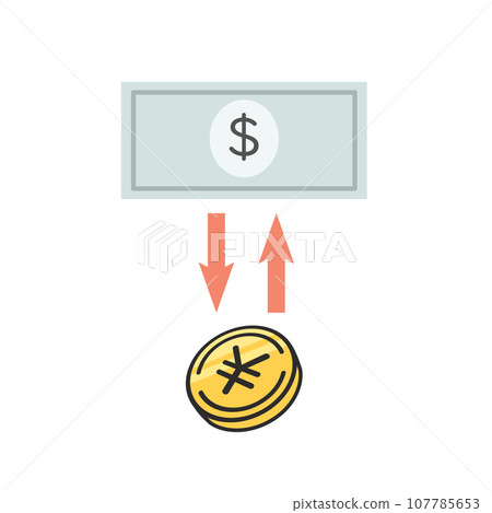 Illustration of dollar banknotes and yen coins Illustration of dollar banknotes and yen coins 107785653