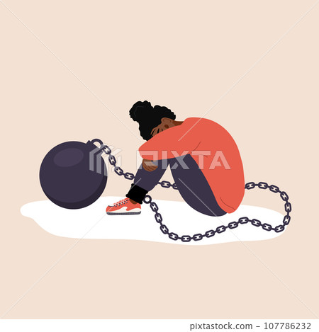 Self flagellation. Sad african woman with heavy wrecking ball feeling guilty. Concept of psychological self-harm, criticism, judgment. Mental problems. Vector illustration in flat cartoon style 107786232