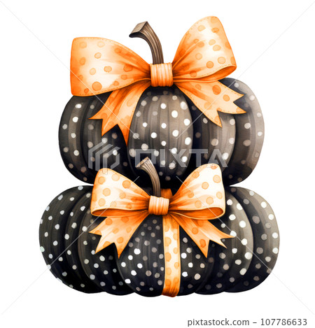 Halloween pumpkins polka dot Clipart isolated on Transparent Background, Stacked of Halloween pumpkins with tie bow. 107786633