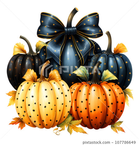 Halloween pumpkins polka dot Clipart isolated on Transparent Background, Stacked of Halloween pumpkins with tie bow. 107786649