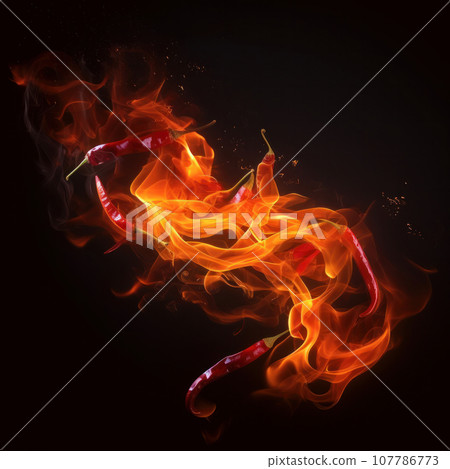 Experience the fiery taste of this red hot chili pepper engulfed in yellow and red flames. A must-have for all spicy food lovers AI Generative. Experience the fiery taste of this red hot chili pepper engulfed in yellow and red flames. A must-have for all spicy food lovers AI Generative. 107786773