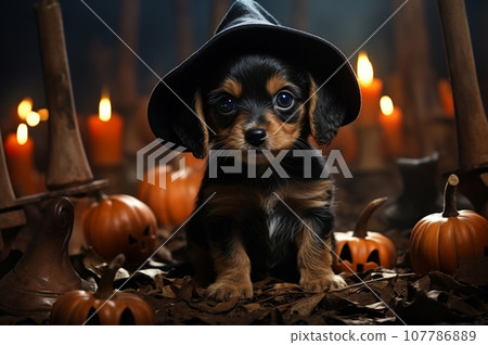 AI-generated content. A puppy in a witchs hat with Jack O 107786889