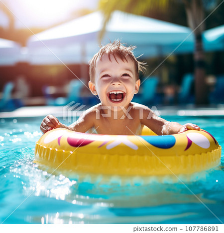 AI-generated content. The child swims and laughs in a frame pool in tropical hotel resort, tourism 107786891