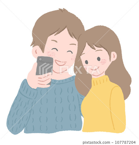 A cute textured hand-drawn illustration of a male and female couple taking selfies with their smartphones. A cute textured hand-drawn illustration of a male and female couple taking selfies with their smartphones. 107787204