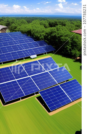 solar panels on green field, solar power 107788231