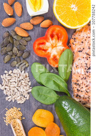 Various nutritious products or ingredients containing vitamins and minerals for healthy hair Various nutritious products or ingredients containing vitamins and minerals for healthy hair 107788242