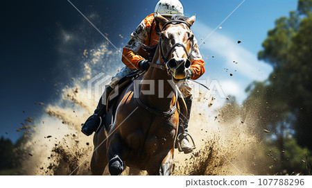 Horse and jockey running on dirt (AI) Horse and jockey running on dirt (AI) 107788296