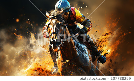 Horse and jockey running on dirt (AI) 107788299
