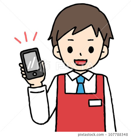 Clerk holding a smartphone in one hand Clerk holding a smartphone in one hand 107788348