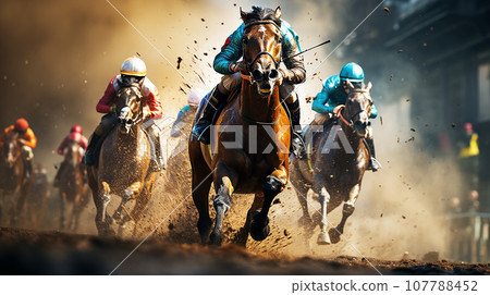 Horse and jockey running on dirt (AI) Horse and jockey running on dirt (AI) 107788452