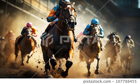 Horse and jockey running on dirt (AI) Horse and jockey running on dirt (AI) 107788455