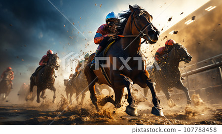 Horse and jockey running on dirt (AI) Horse and jockey running on dirt (AI) 107788458