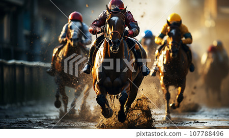 Horse and jockey running on dirt (AI) Horse and jockey running on dirt (AI) 107788496