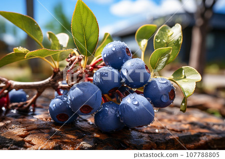 Saskatoon berry on a tree, photo realistic, 4K resolution , AI generated 107788805