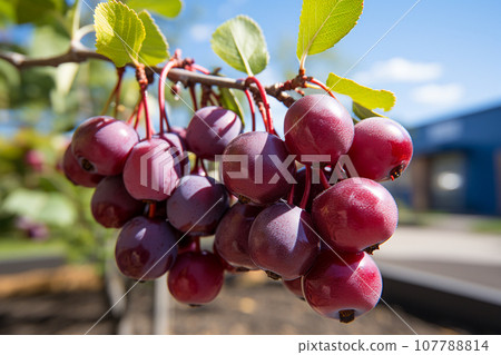 Saskatoon berry on a tree, photo realistic, 4K resolution , AI generated 107788814