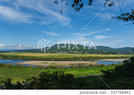 Kitakami River and Mt.Takuine seen from Takadate Gikeido Hall, the place where Yoshitsune died/Hiraizumi Town, Iwate Prefecture Kitakami River and Mt.Takuine seen from Takadate Gikeido Hall, the place where Yoshitsune died/Hiraizumi Town, Iwate Prefecture 107788941