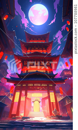 手绘卡通动漫中国风节日氛围街道建筑背景插画 手绘卡通动漫中国风节日氛围街道建筑背景插画 107788981