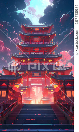 Hand drawn cartoon animation Chinese style festival atmosphere street building background illustration 107788985