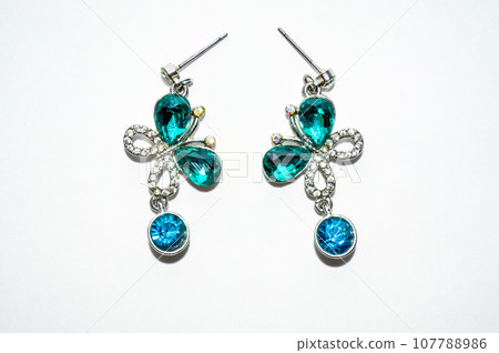 Pair of female silver earrings with shiny crystals and butterflies isolated on white background 107788986