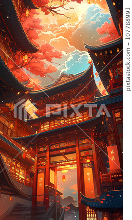 手绘卡通动漫中国风节日氛围街道建筑背景插画 107788991