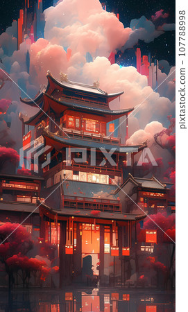 手绘卡通动漫中国风节日氛围街道建筑背景插画 107788998