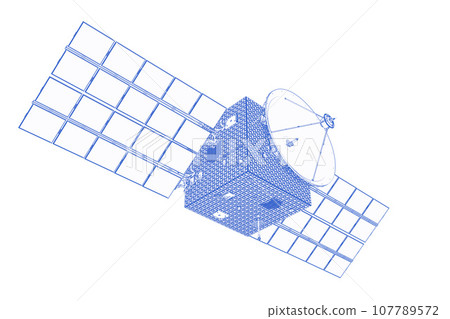 Blue outline satellite dish with solar panel isolated on white Blue outline satellite dish with solar panel isolated on white 107789572