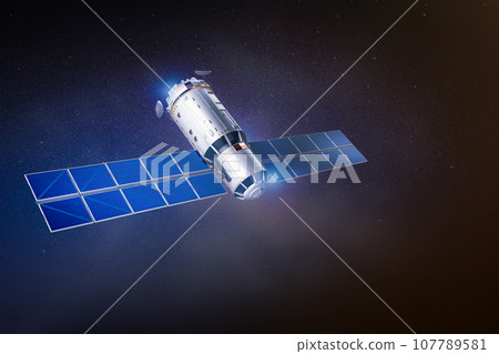 Satellite dish with solar panel in outer space Satellite dish with solar panel in outer space 107789581