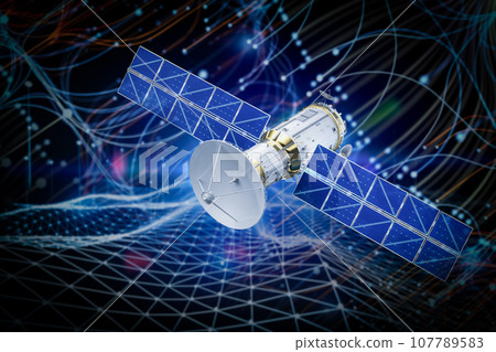 Satellite dish with solar panel in outer space 107789583