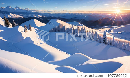 Anime background_ski resort_winter snowy mountains_02 107789912