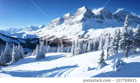 Anime background_ski resort_winter snowy mountains_05 107789915