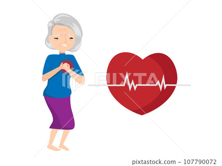 Old woman holding her chest with heart attack sign isolated on white background. Concept of Heart pain, symptom of heart disease, elderly's risk, health and medicine. Flat vector illustration. 107790072