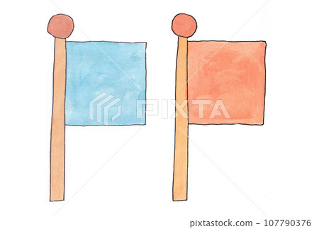 Illustration set of light blue and orange flags drawn with water-based pens and transparent watercolors Illustration set of light blue and orange flags drawn with water-based pens and transparent watercolors 107790376