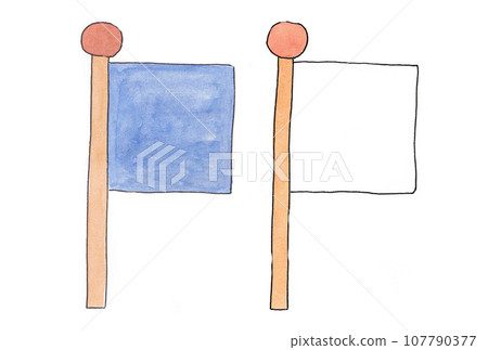 Illustration set of blue and white flags drawn with water-based pens and transparent watercolors Illustration set of blue and white flags drawn with water-based pens and transparent watercolors 107790377