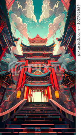 手绘卡通动漫中国风节日氛围街道建筑背景插画 107791684