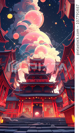 手绘卡通动漫中国风节日氛围街道建筑背景插画 107791687