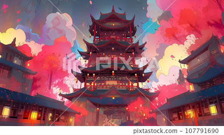 手绘卡通动漫中国风节日氛围街道建筑背景插画 107791690